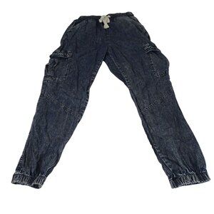Cest Toi Denim Chambray Cargo Jogger Pants Women Size S Cotton Blue Pull-on FLAW